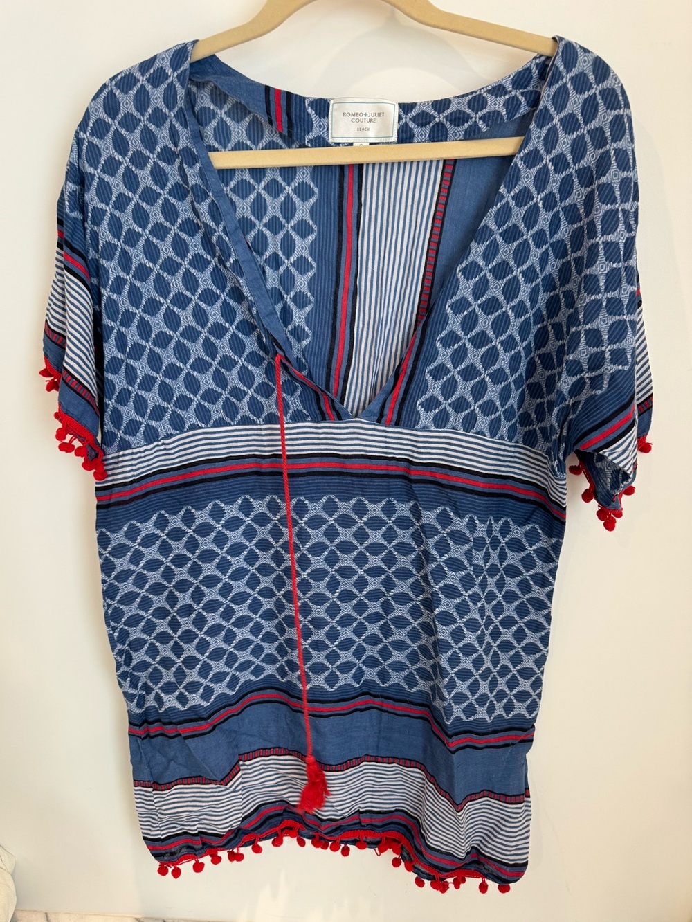 Romeo & Juliet Couture Blue Pom-Trim Swim/Beach  Cover-Up Size Small